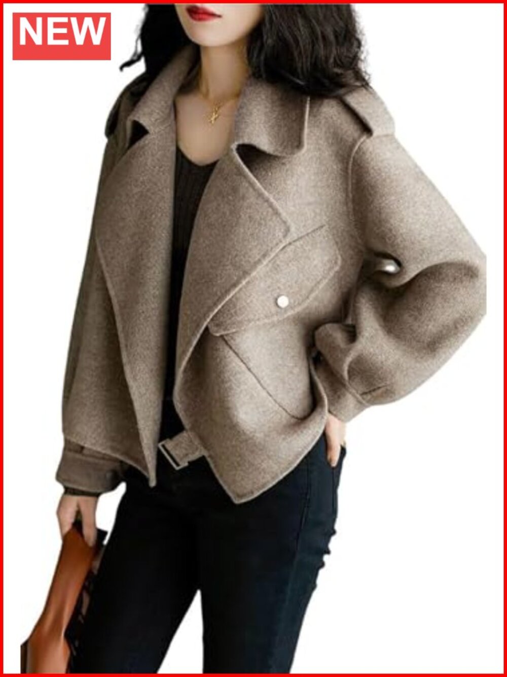 Cropped Wool Coat Open Front Notch Collar Long Sleeve